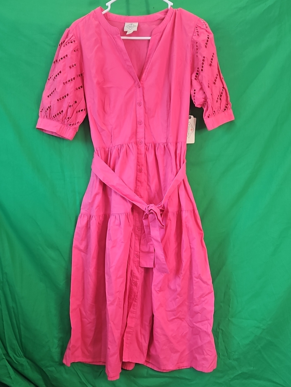 St. John's Bay Hot Pink Button-Front Midi Dress with Tie Waist